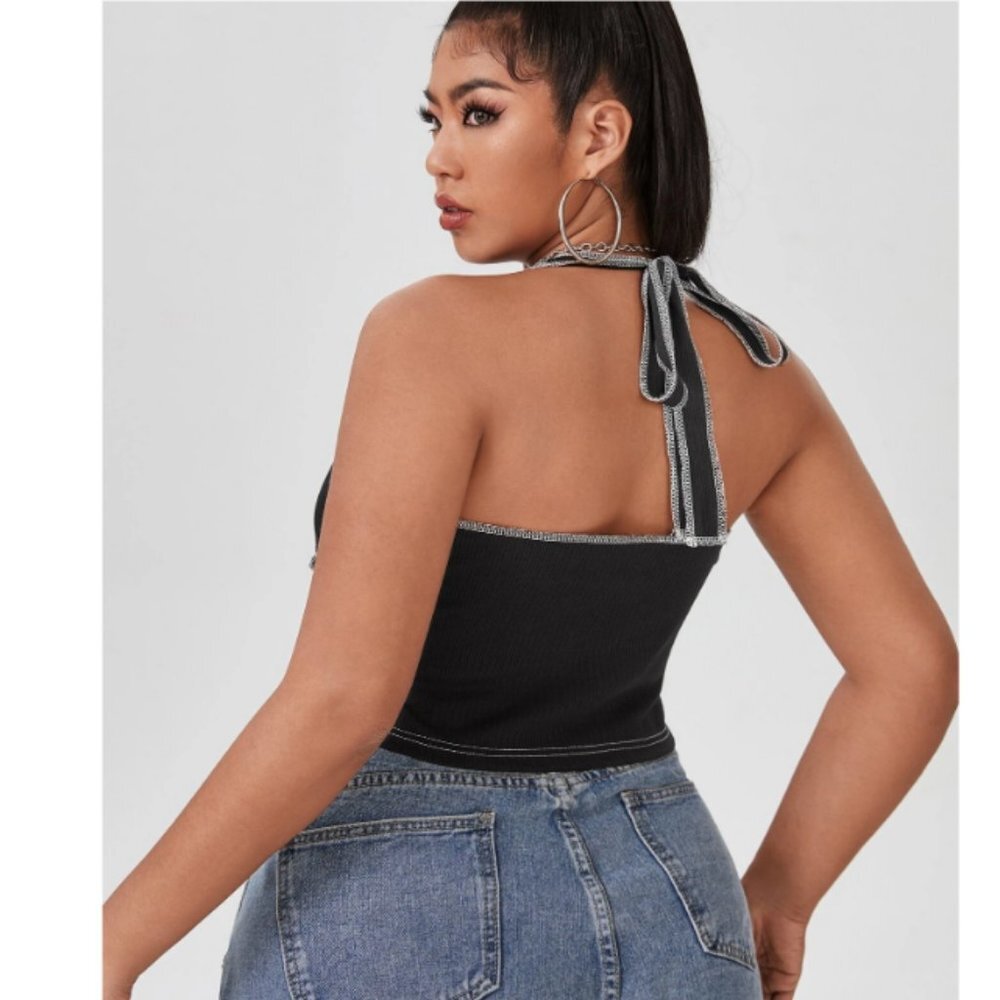 black crop high waist white stitch halter casual sexy beach 1x shirt top blouse - Picture 2 of 3